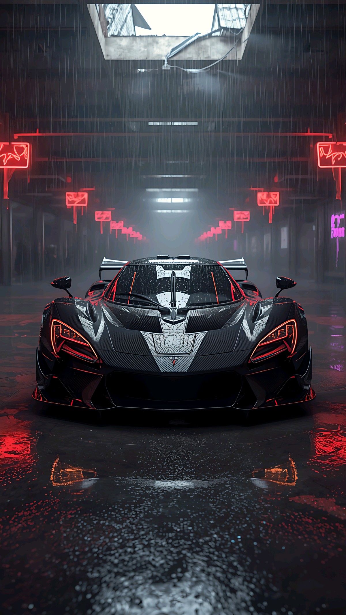 a black and red sports car parked in a parking garage with neon lights on the ceiling