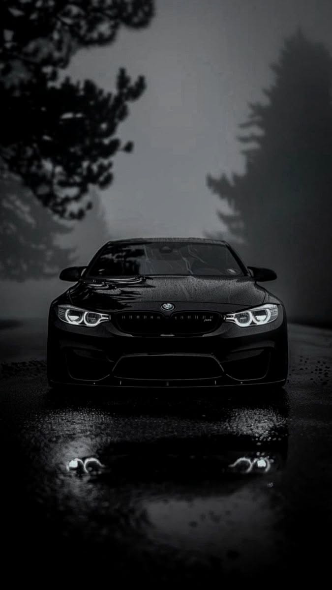 a black and white photo of a bmw car in the rain with trees behind it