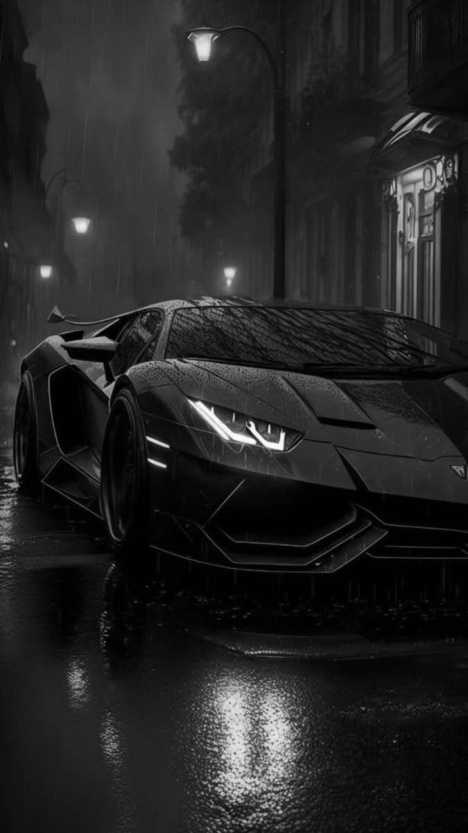 a black and white photo of a car in the rain at night with lights on