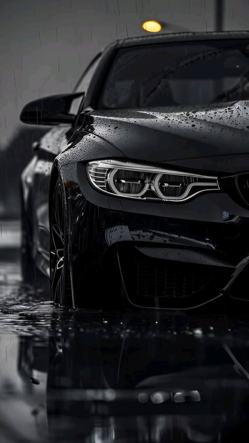 a black and white photo of a car in the rain with its headlights turned on