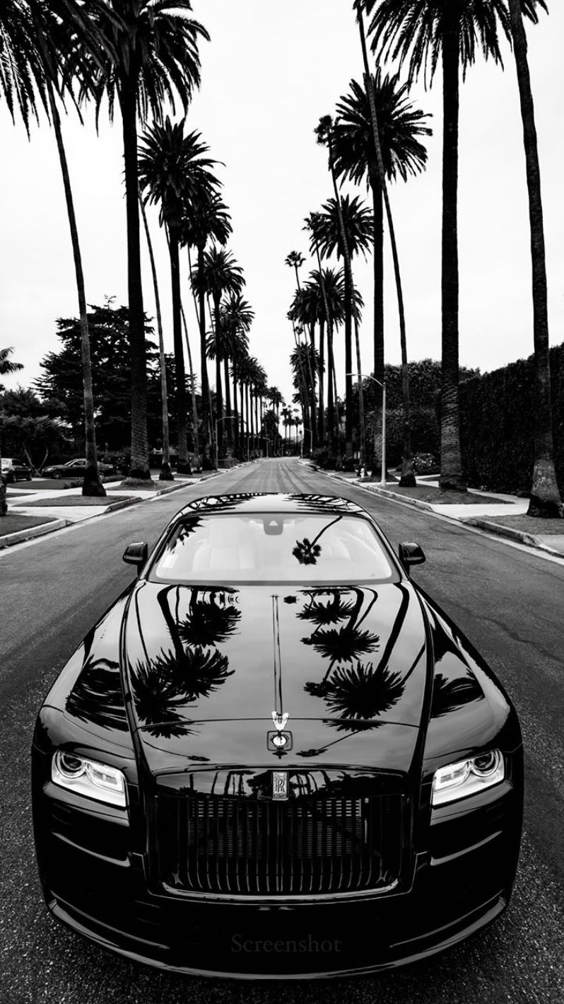 a black and white photo of a car parked on the side of the road in front of palm trees