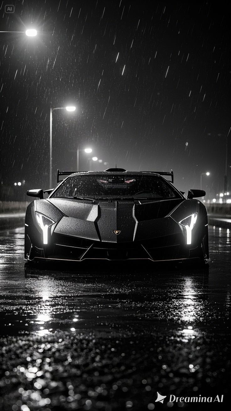 a black and white photo of a sports car on the road in the rain at night