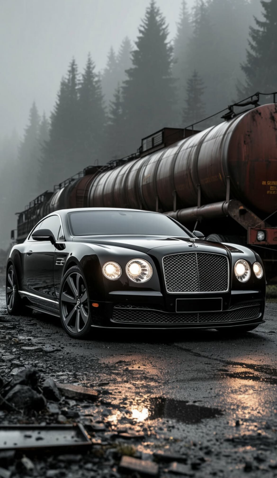 a black bentley parked in front of a train