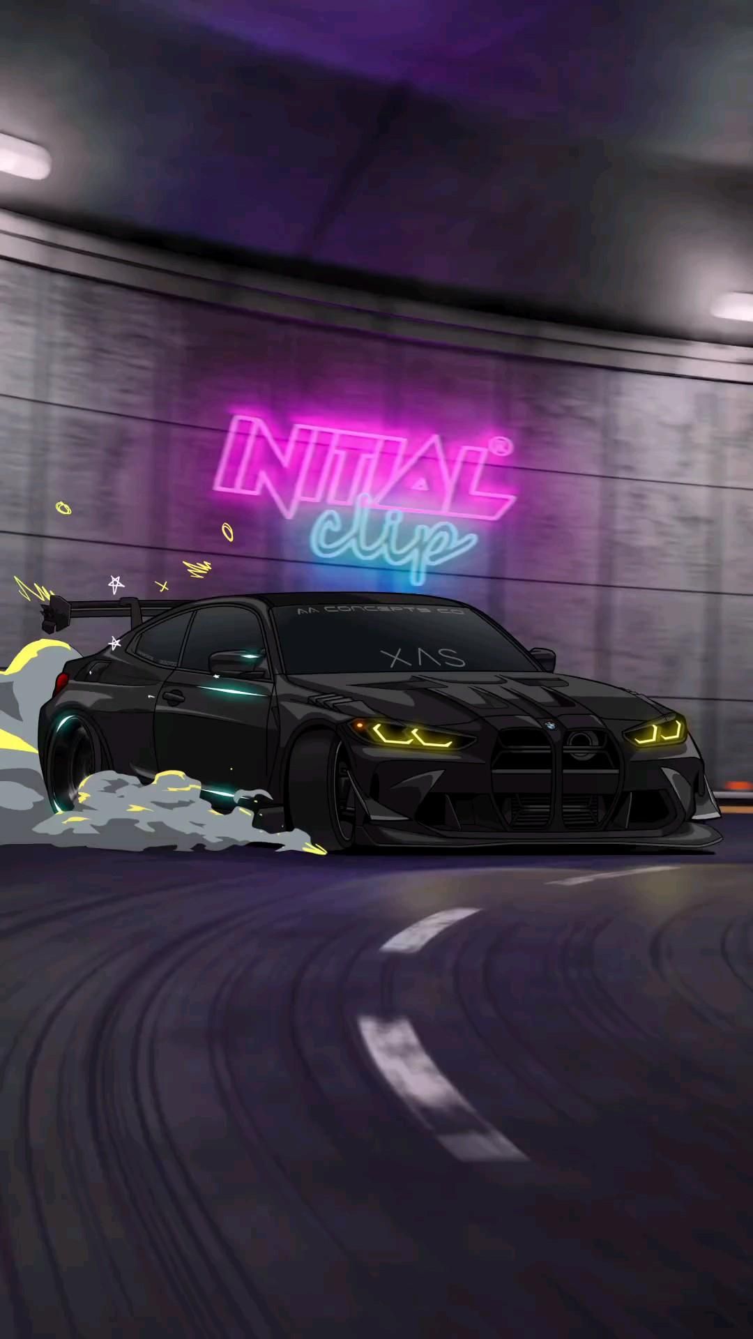 a black car driving down a street next to a neon sign that says intense club