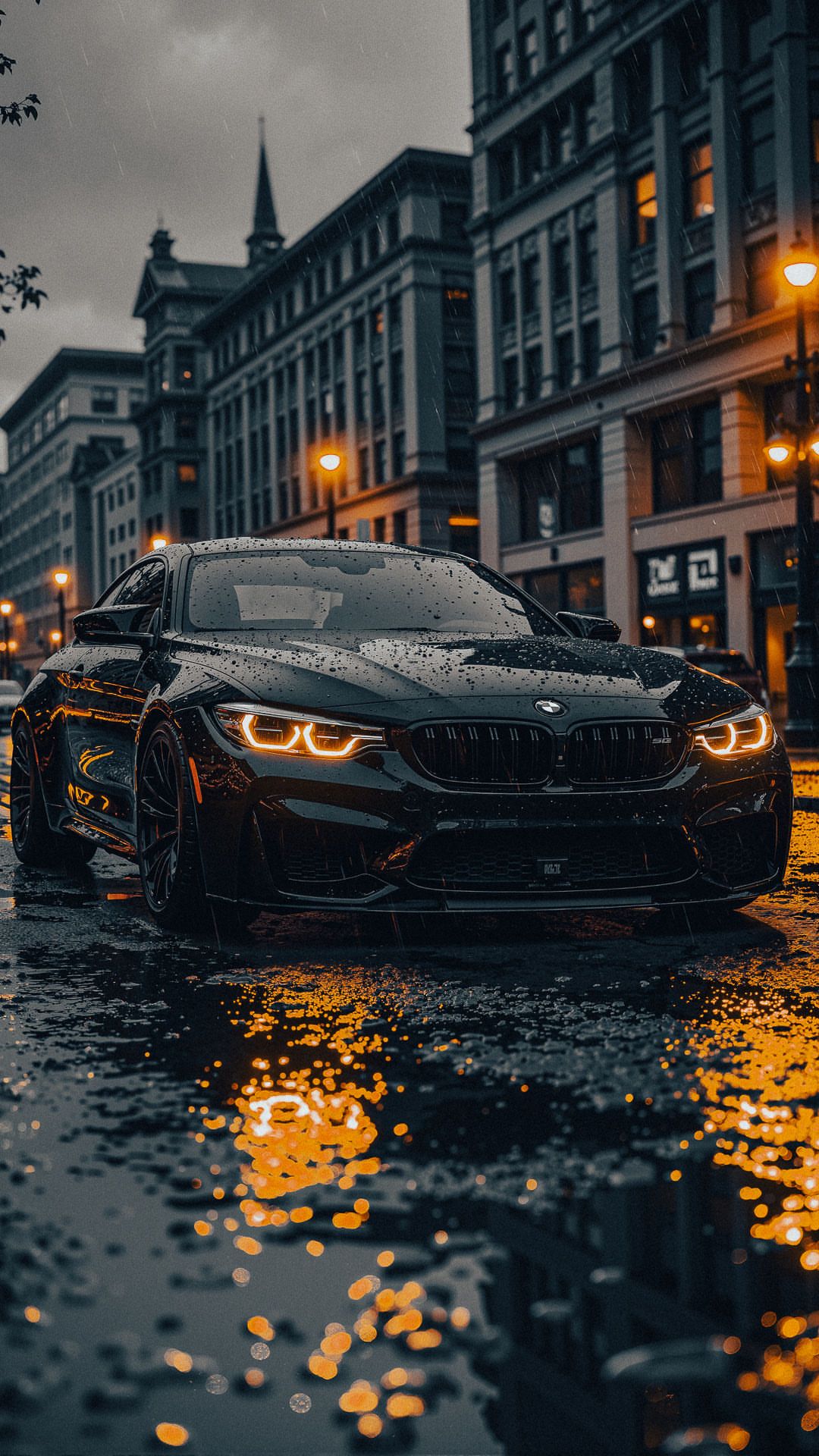 a black car is parked on the street in the rain with its headlights turned on