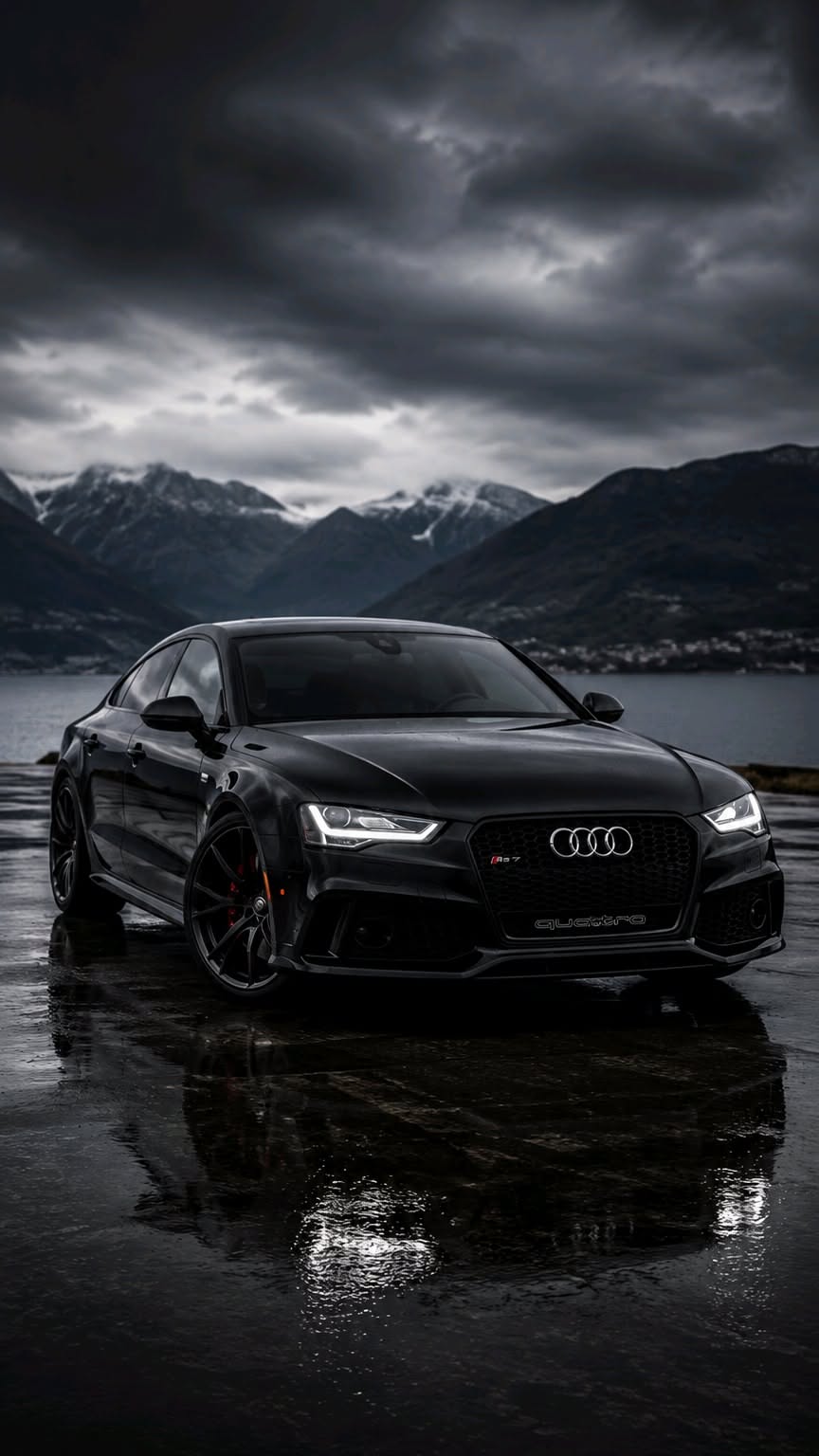 a black car parked in the rain with mountains in the background and dark clouds