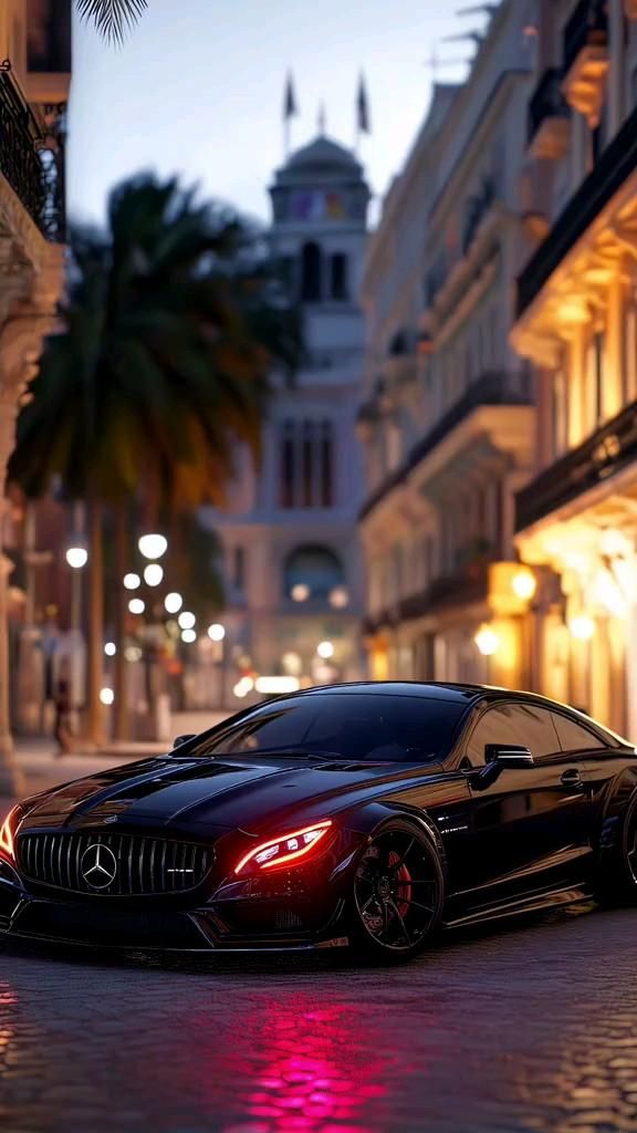 a black car parked on the street in front of some buildings and palm trees at night
