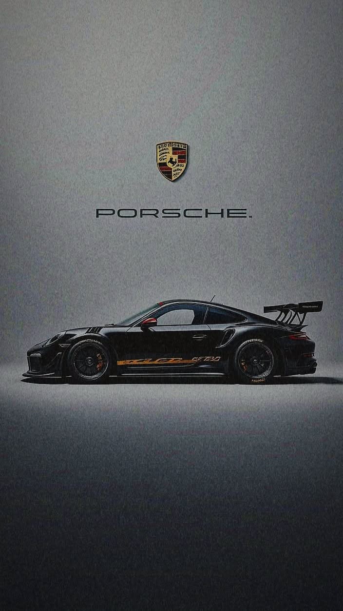 a black porsche sports car sitting on top of a gray floor next to the words porsche