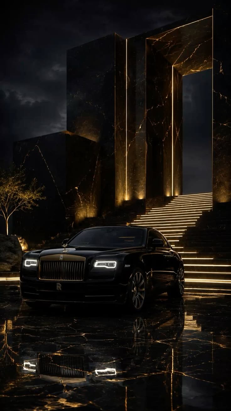 a black rolls royce parked in front of some steps