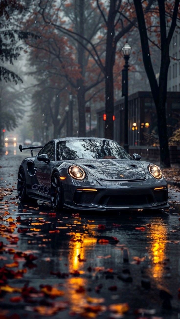 a black sports car driving down a rain soaked street