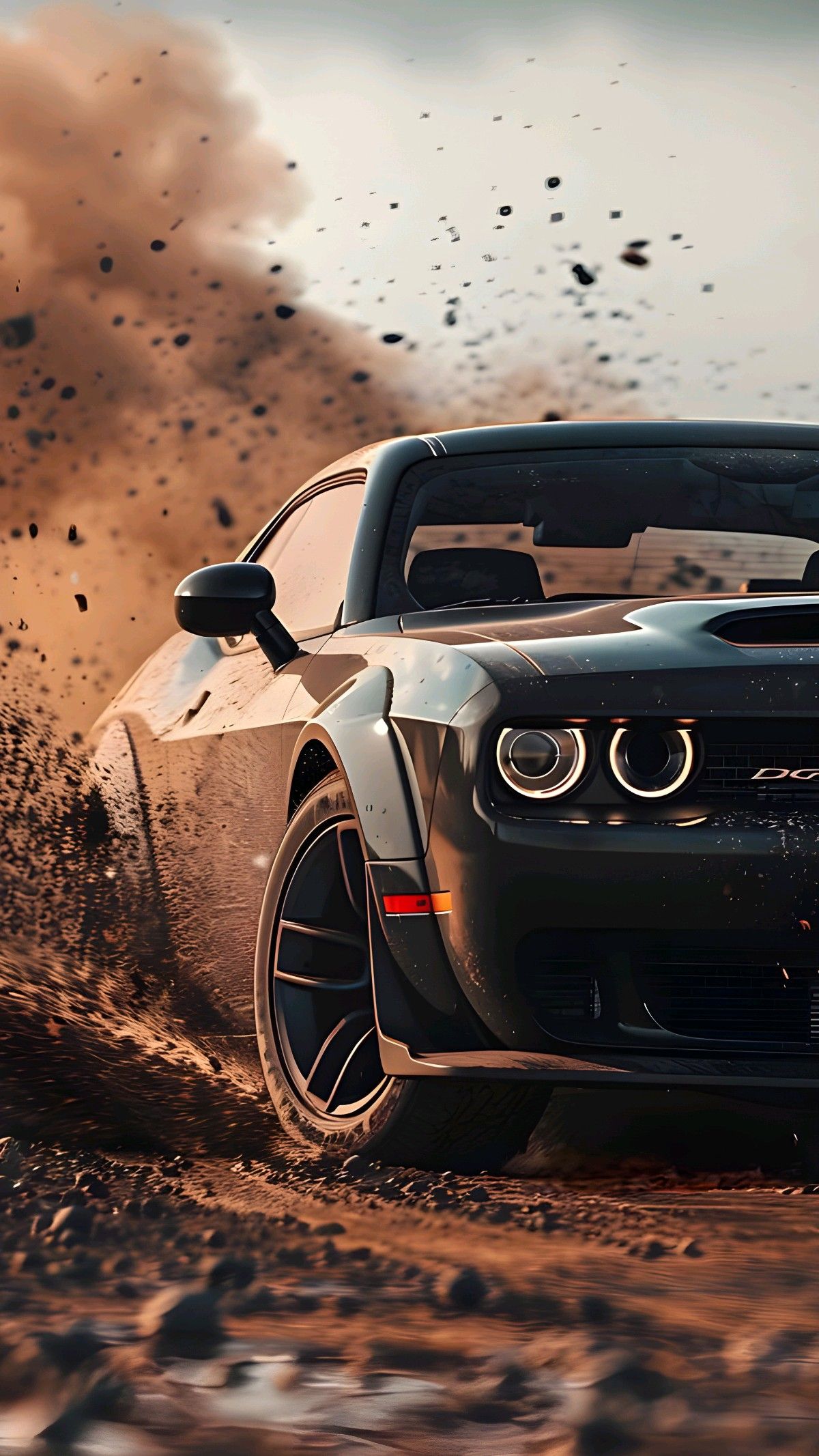 a black sports car driving through the dirt