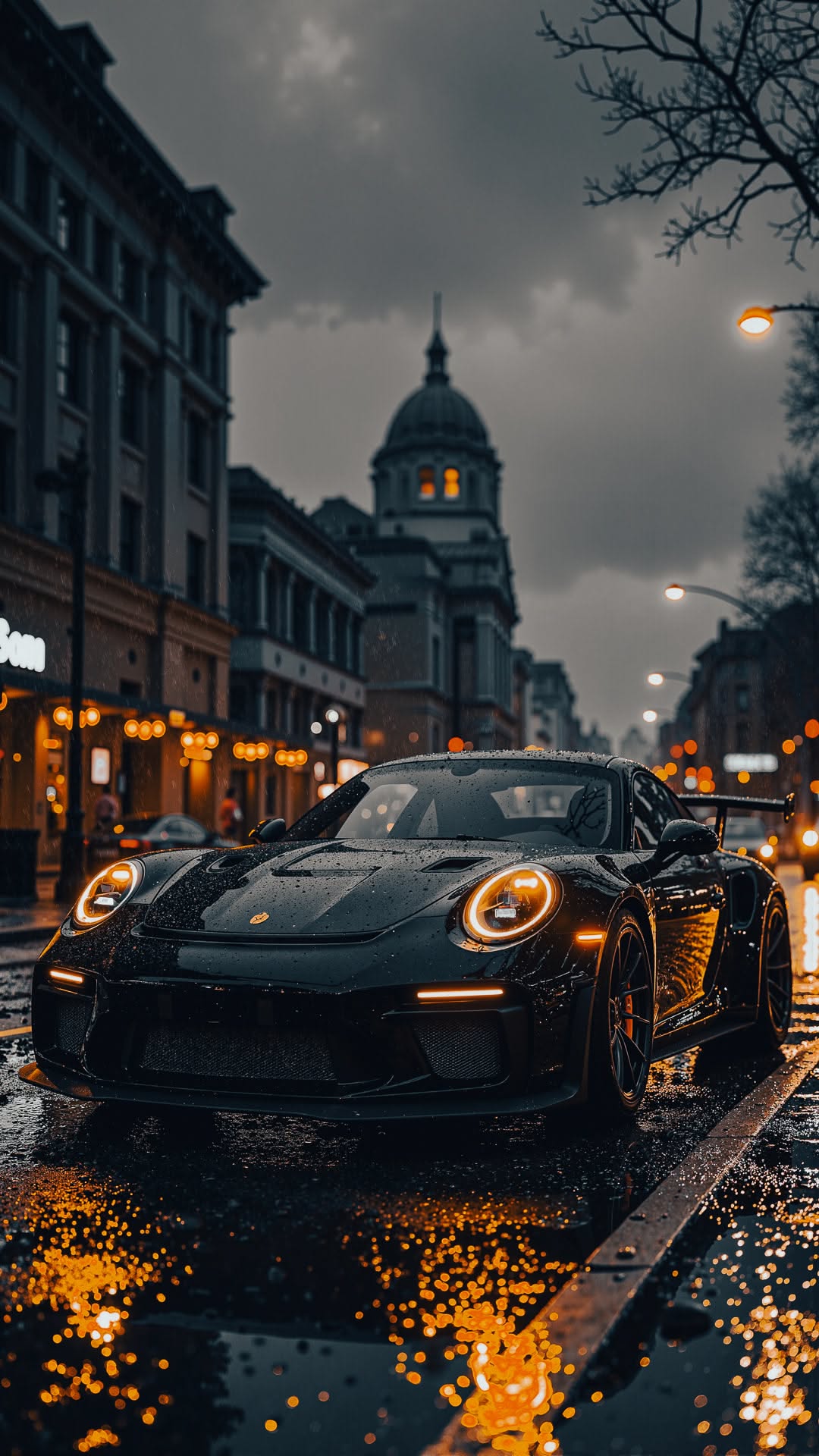 a black sports car is parked on the side of the road in the rain at night