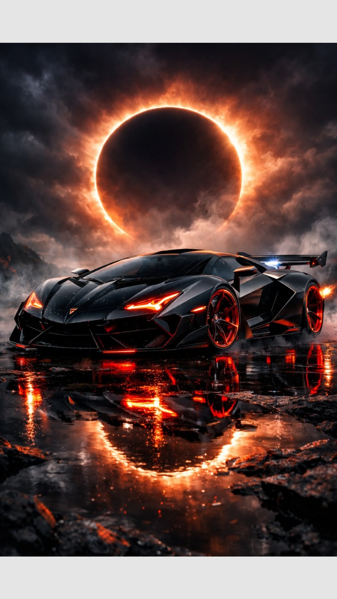 a black sports car is shown in front of the sun with clouds and water around it