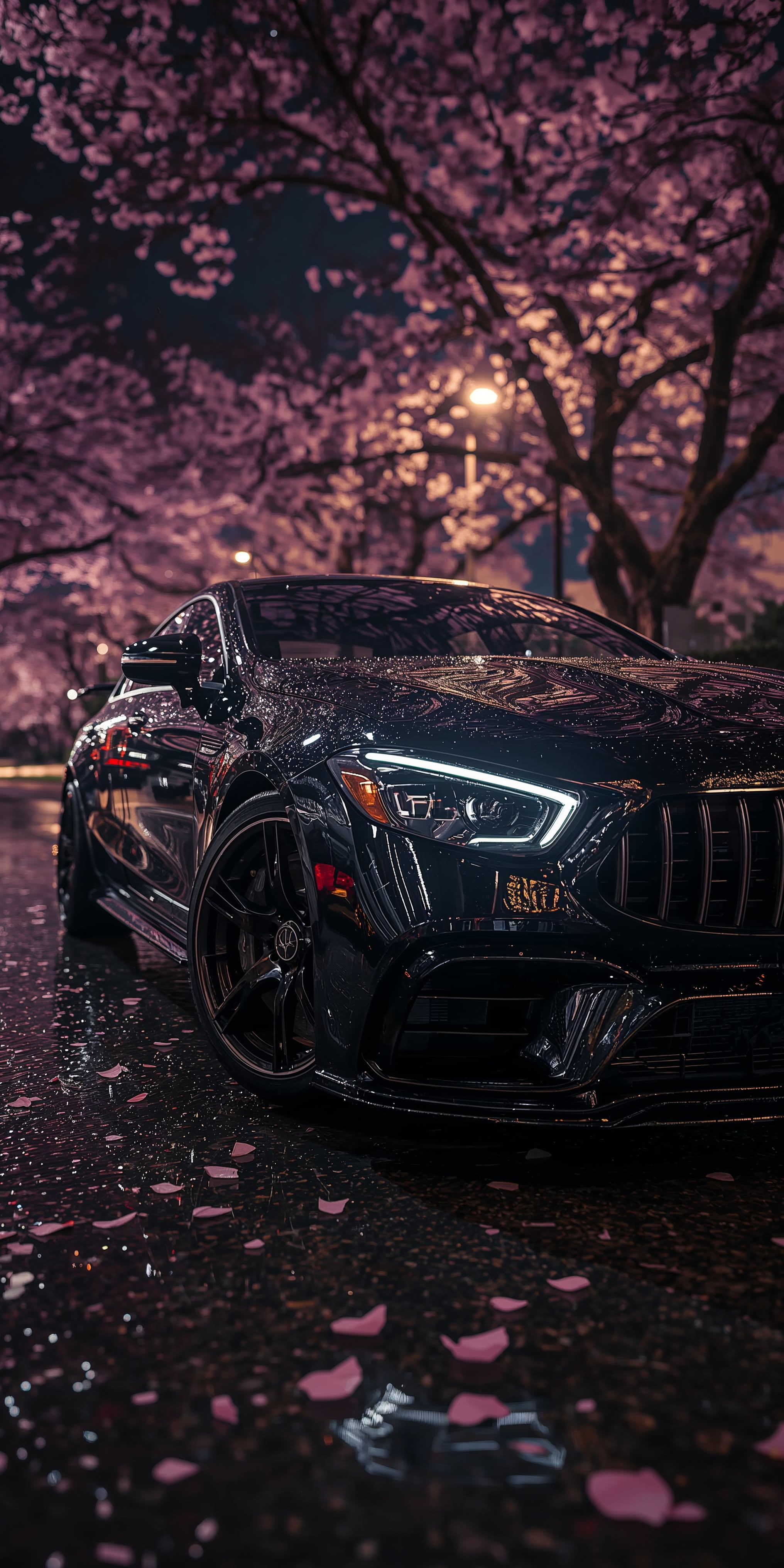 a black sports car parked in front of a tree with pink flowers on the ground