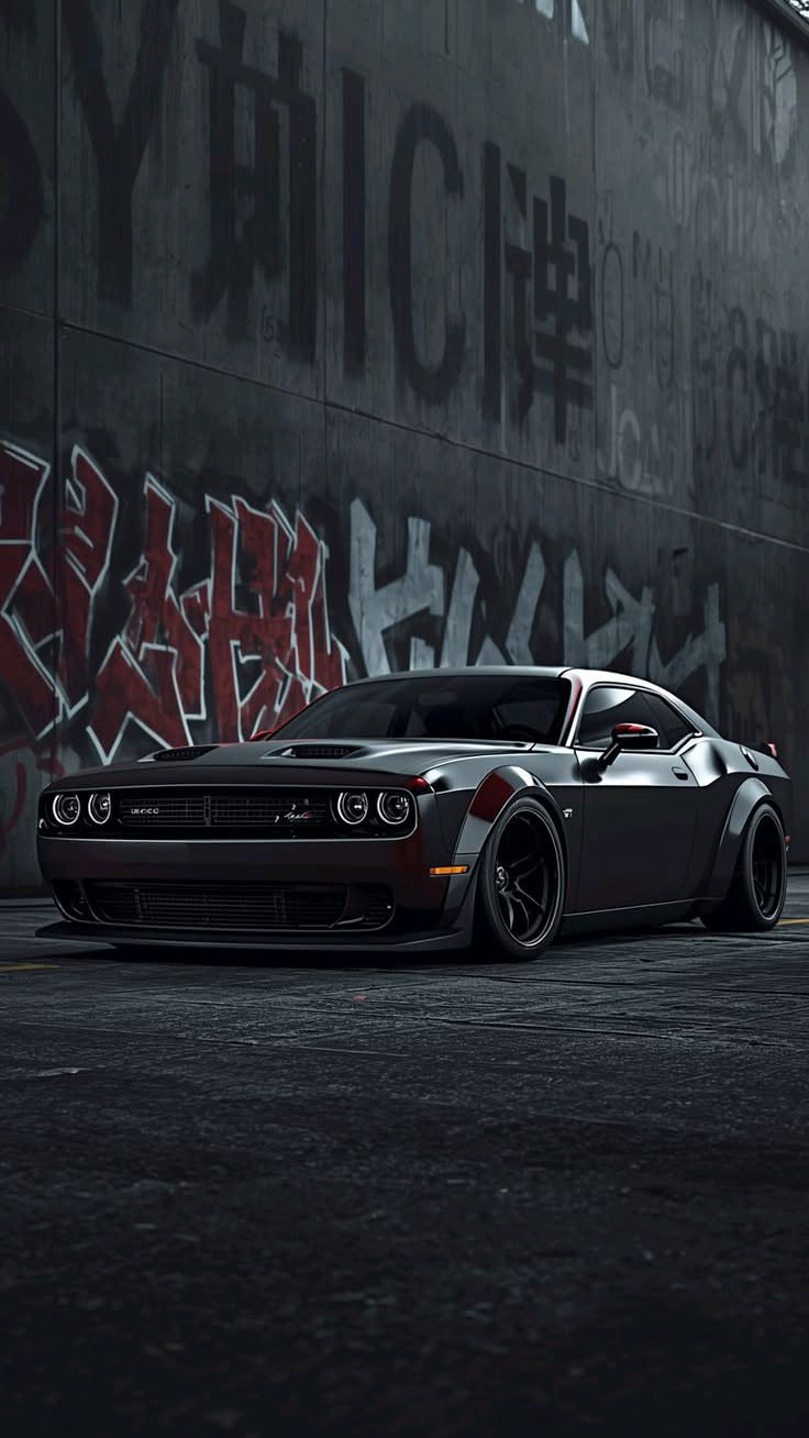 a black sports car parked in front of a wall with graffiti on it's side