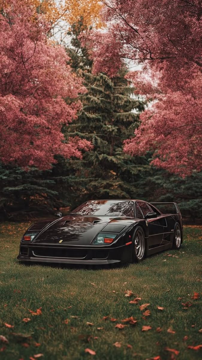 a black sports car parked in front of some trees with pink flowers on it's leaves