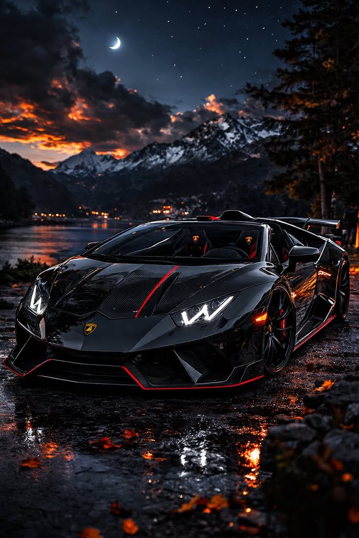 a black sports car parked in the rain