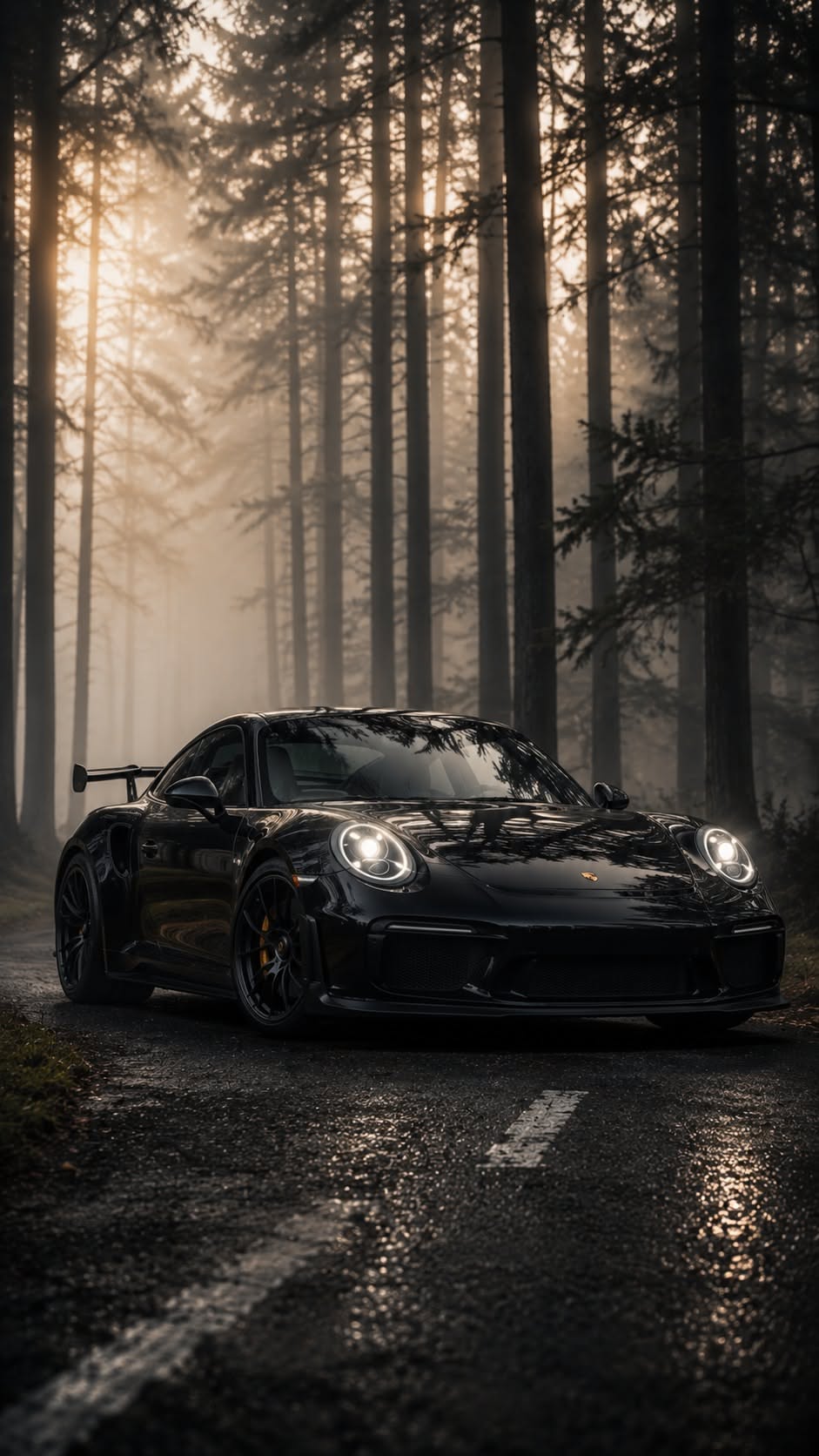a black sports car parked on the side of a road in front of tall trees