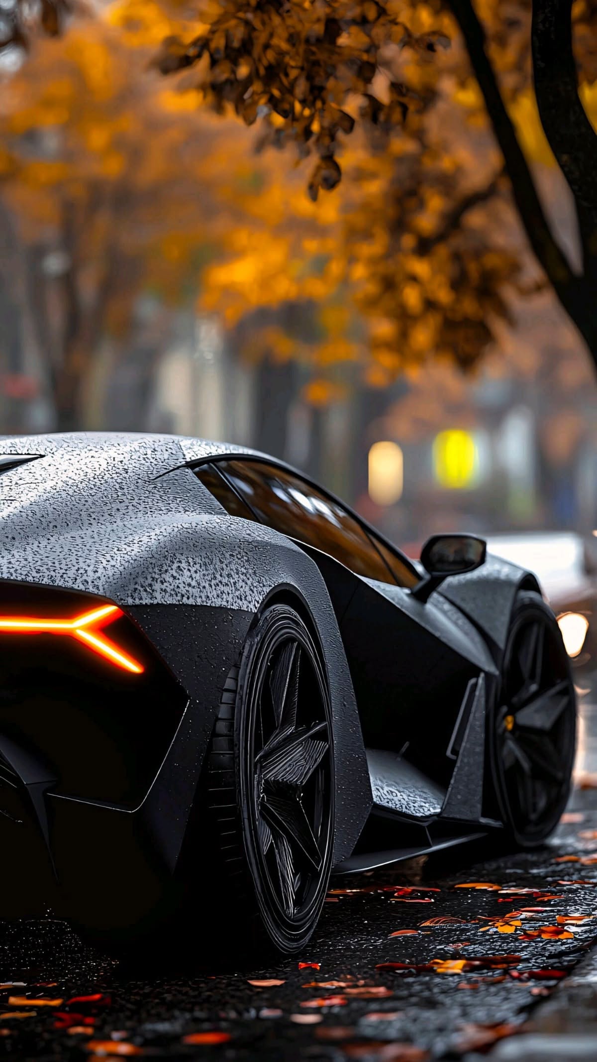 a black sports car parked on the side of a road next to a tree with yellow leaves