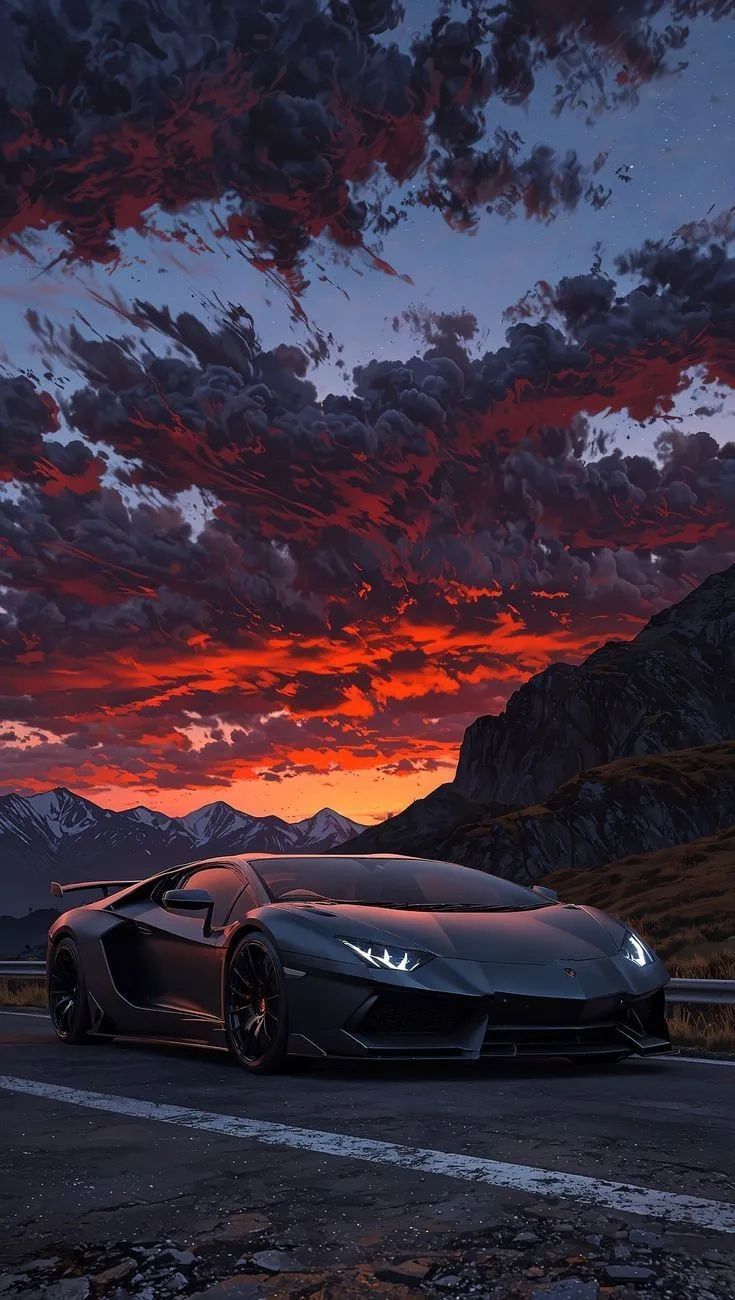 a black sports car parked on the side of a road under a red sky with clouds