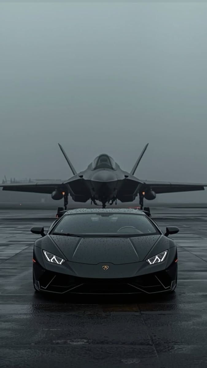 a black sports car sitting on top of an airport tarmac with a fighter jet in the background