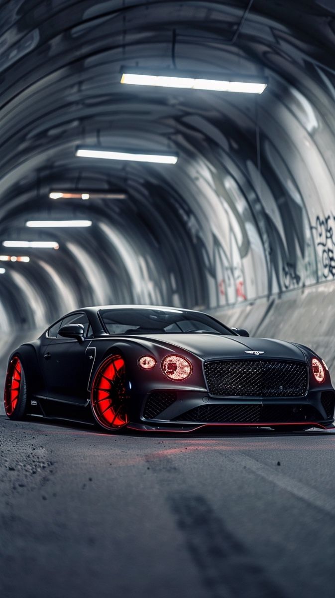 a black sports car with red rims parked in a dark tunnel, on the road