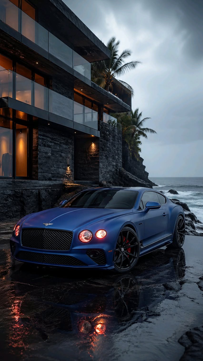 a blue sports car parked in front of a house on the beach at night time