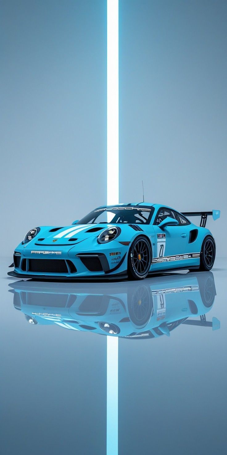 a blue sports car parked on top of a reflective surface