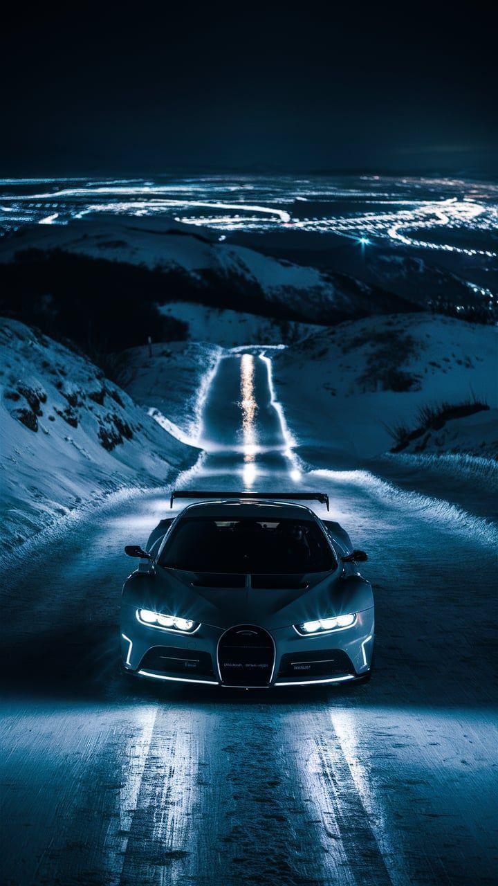 a bugatti car driving down a snowy road at night with lights on it's headlights