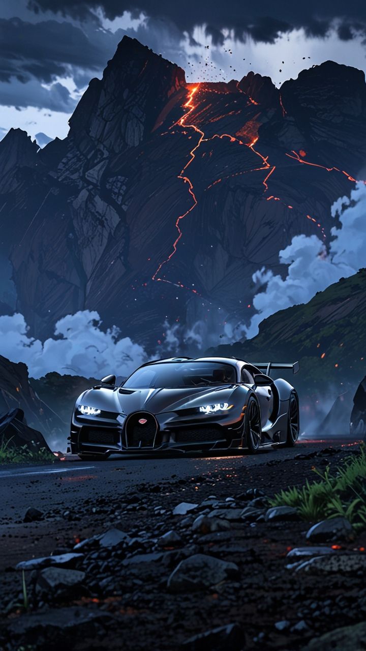 a bugatti on the road in front of a mountain with lava pouring out of it