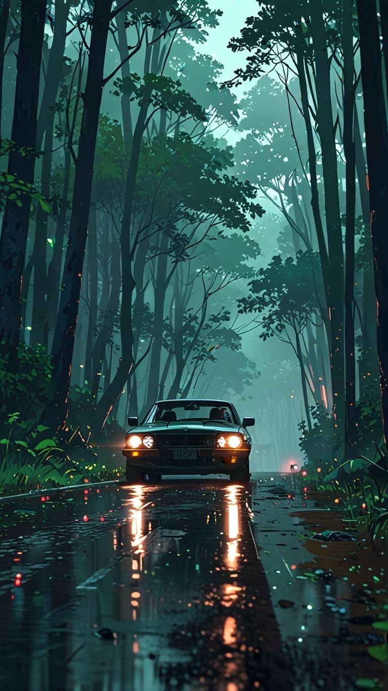 a car driving down a rain soaked road in the forest at night with headlights on