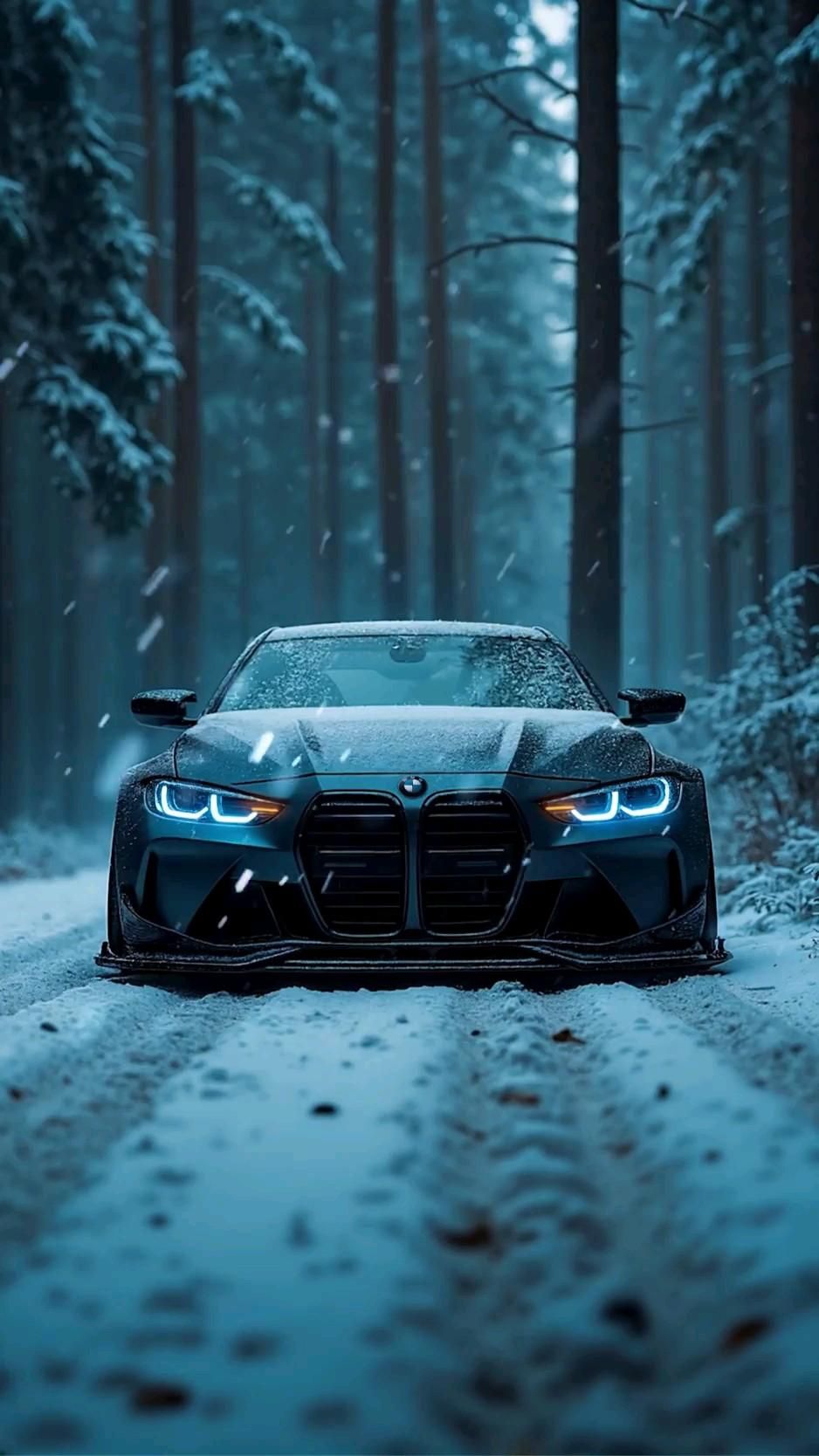a car driving down a snow covered road in the middle of a forest at night