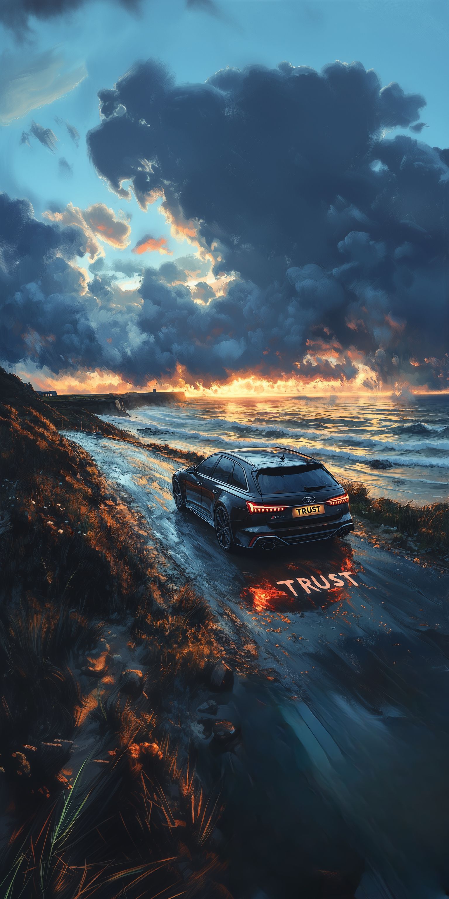a car driving down a wet road next to the ocean under a dark cloudy sky