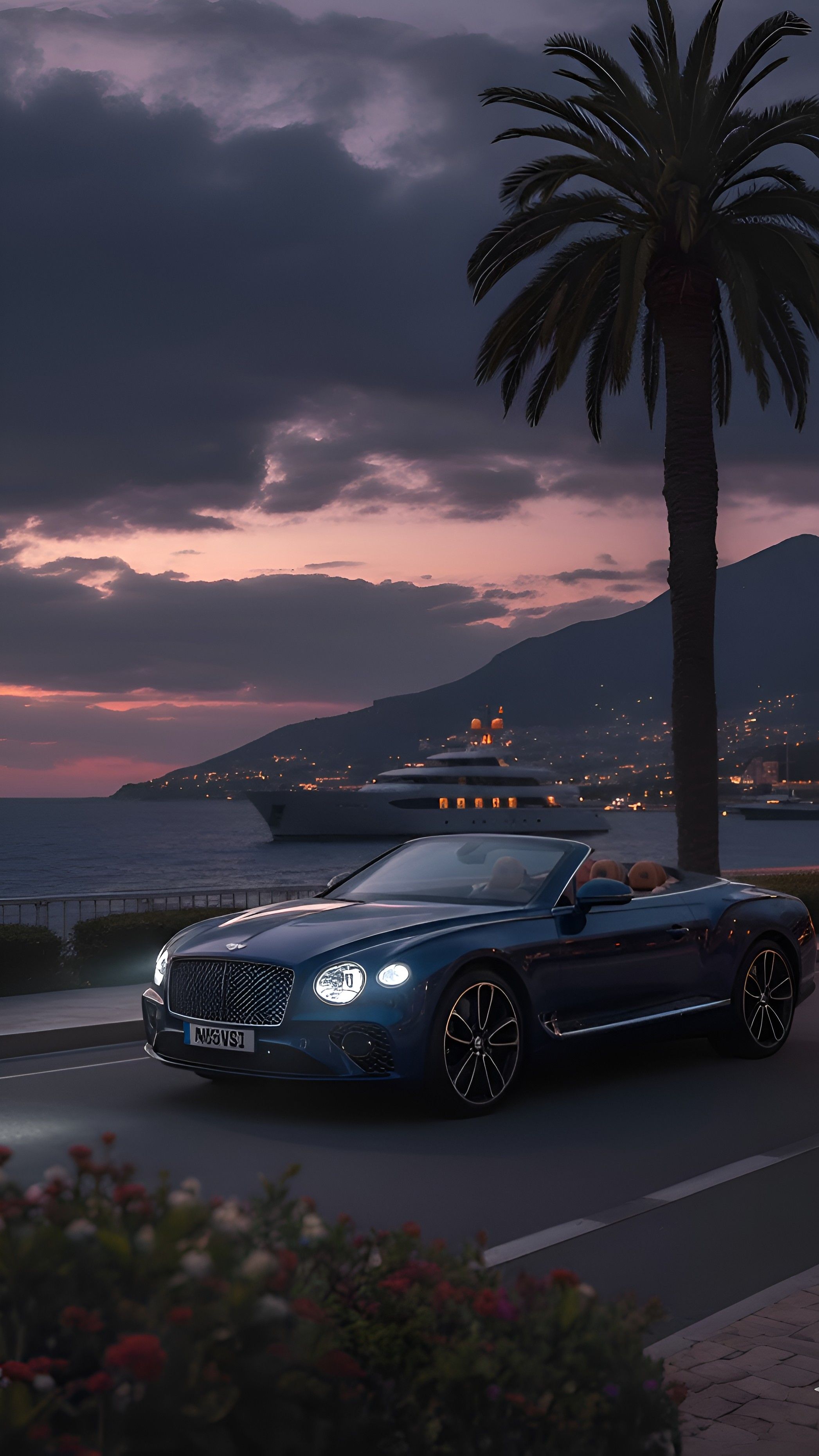 a car driving down the road next to a palm tree and cruise ship in the background