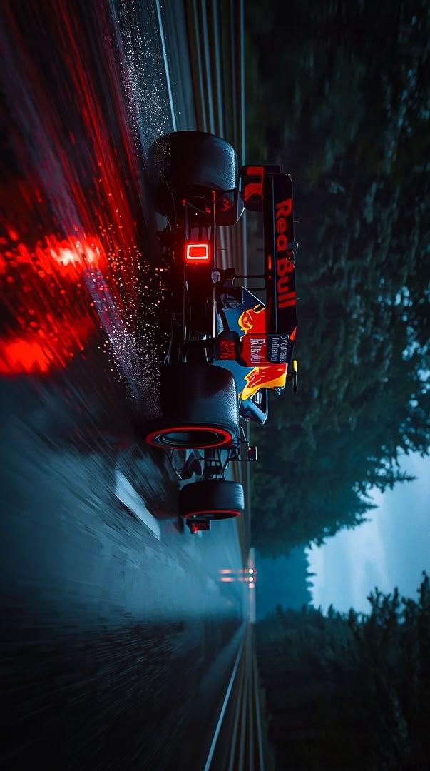a car driving down the road with red lights on it's headlights and trees in the background