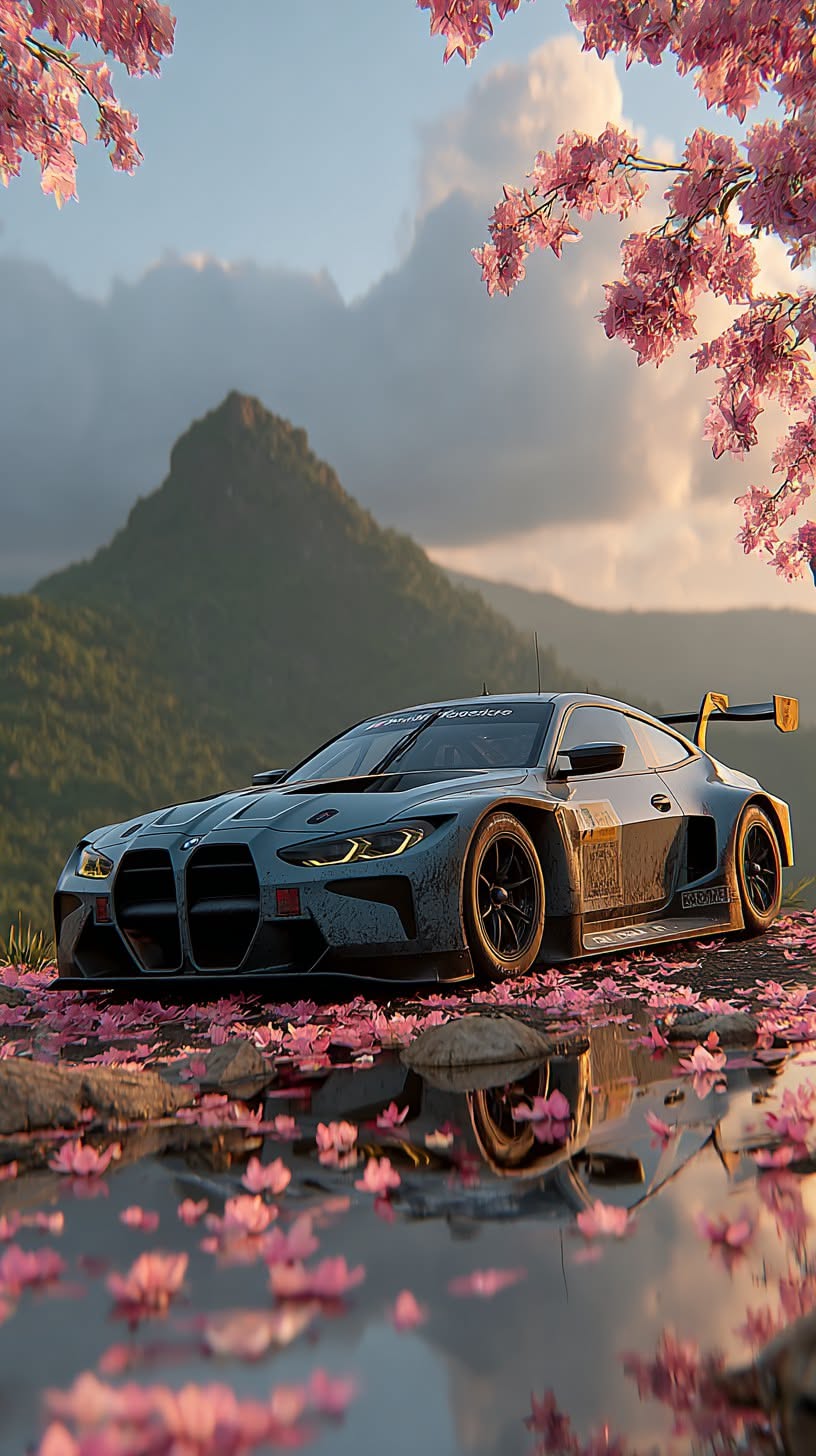 a car is parked in the middle of a lake with pink flowers on it and mountains in the background