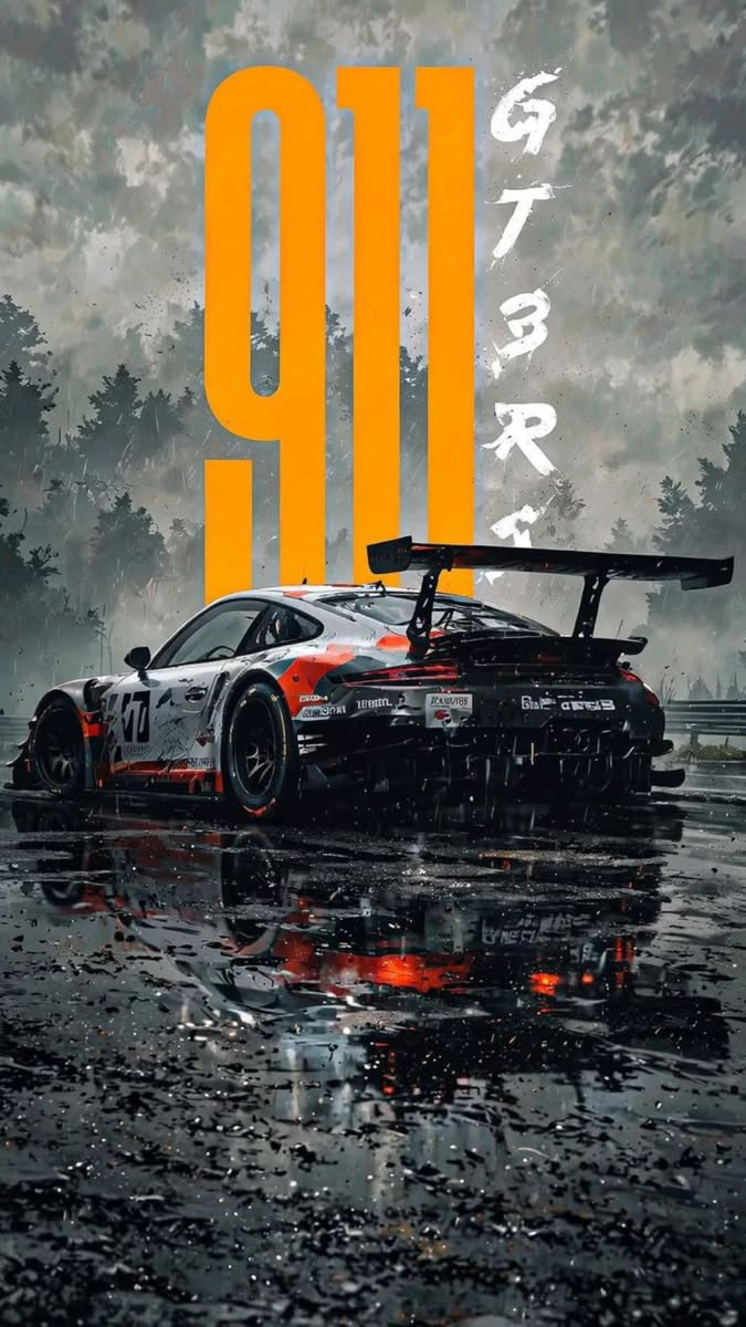 a car is parked in the rain with orange letters on it