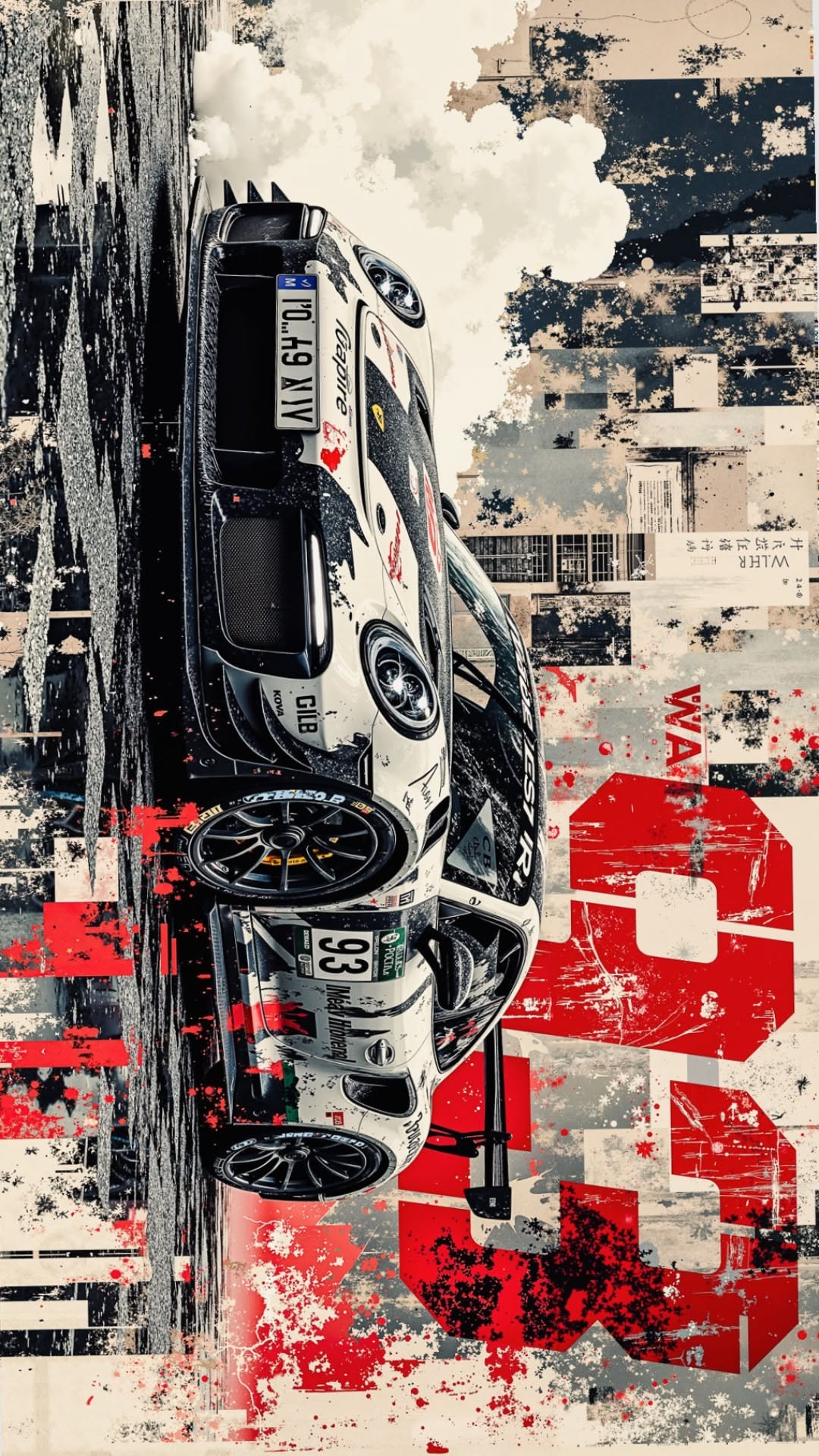 a car is shown in the middle of an abstract painting