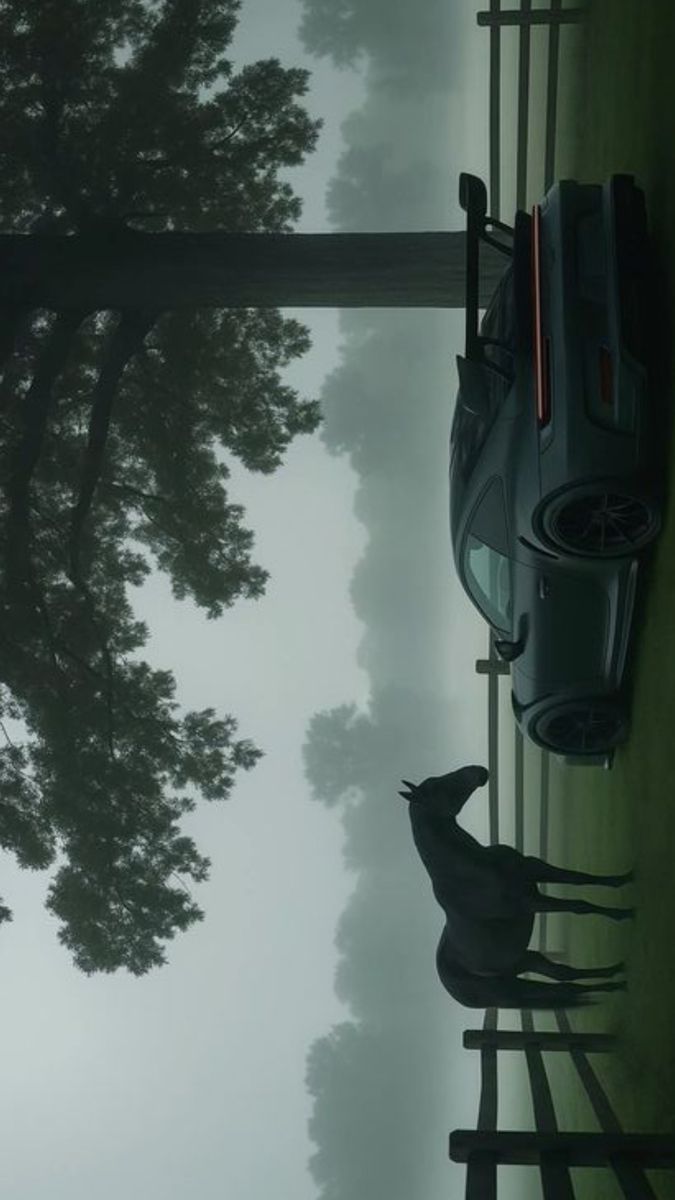 a car parked in front of a tree on a foggy day