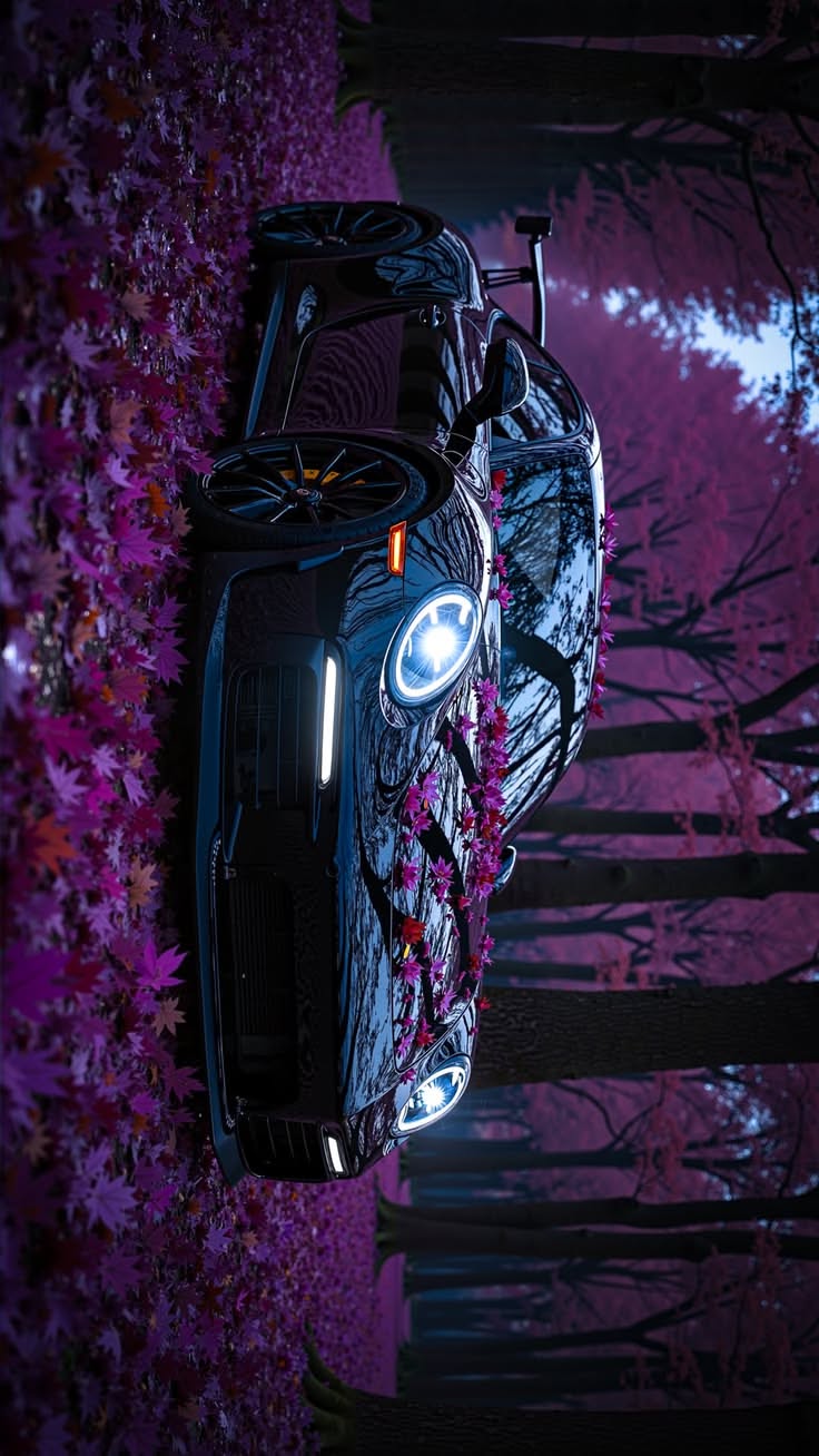 a car parked in front of some trees with purple flowers on it's hood