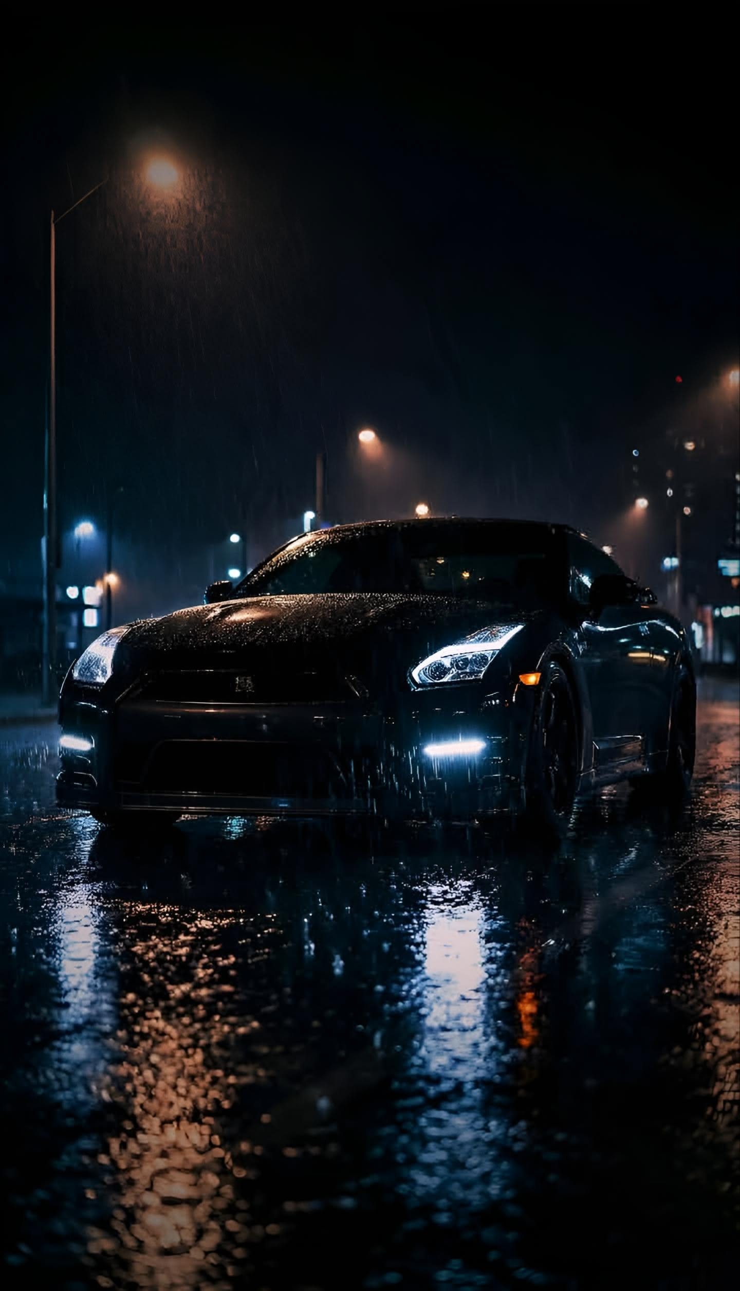 a car parked in the rain at night