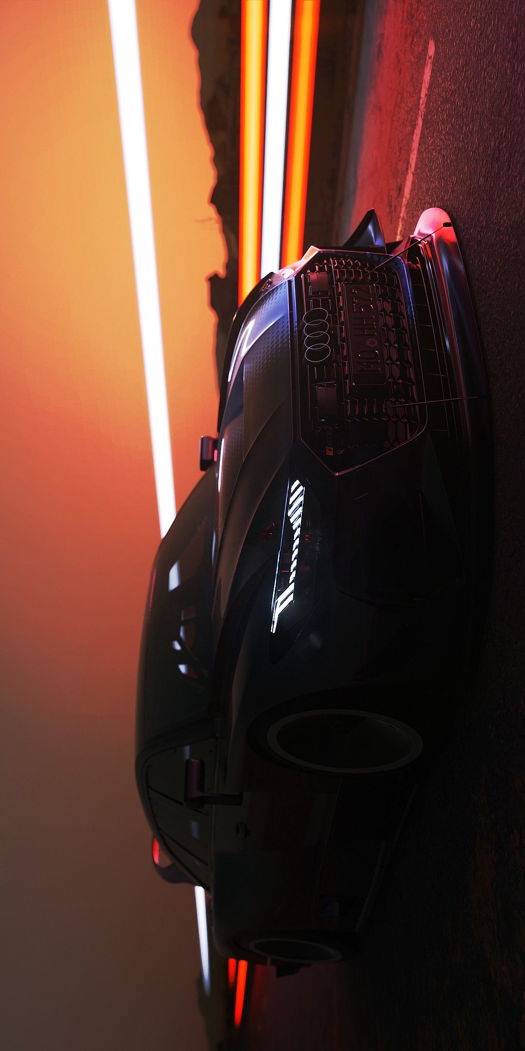 a computer mouse sitting on top of a desk next to a neon light behind it