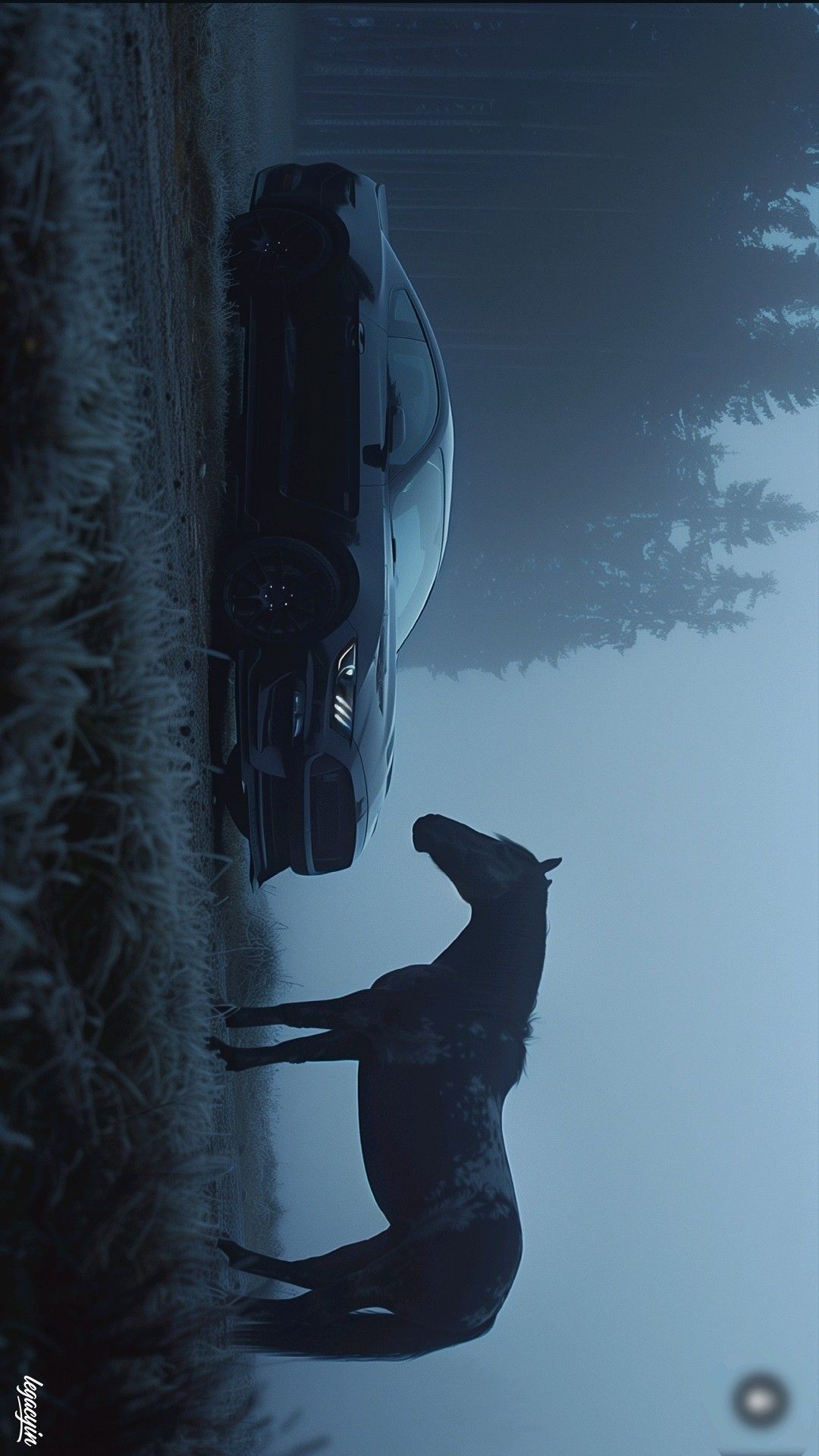 a dog standing next to a parked car in the snow with its paw on it's head