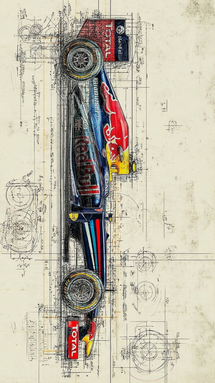 a drawing of a red bull racing car on top of blueprinted drawings and lines