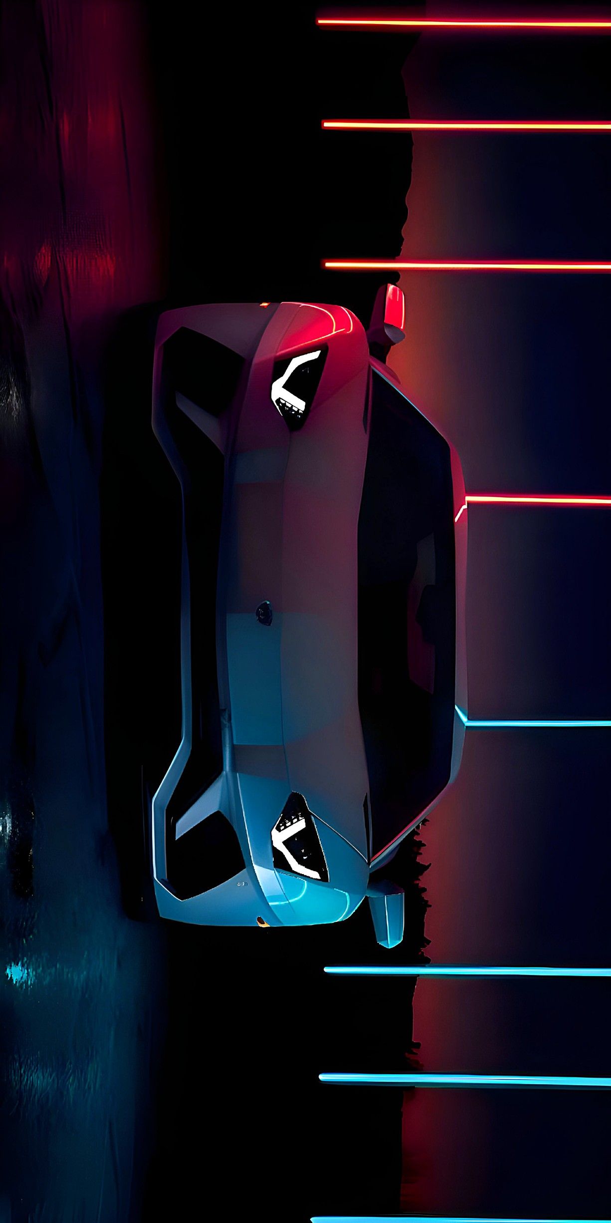 a futuristic car is shown in the middle of a dark room with red and blue lights