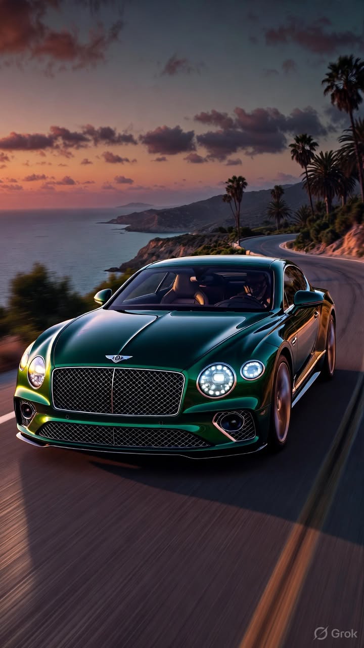 a green car driving down a road next to the ocean at sunset with palm trees in the background