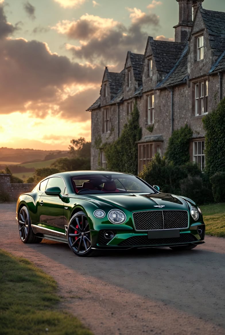 a green sports car parked in front of a large house with the sun setting behind it