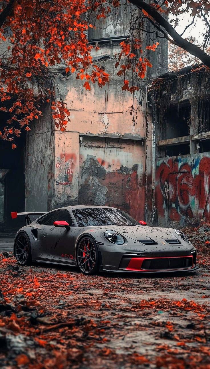 a grey sports car parked in front of an old building with graffiti on the walls