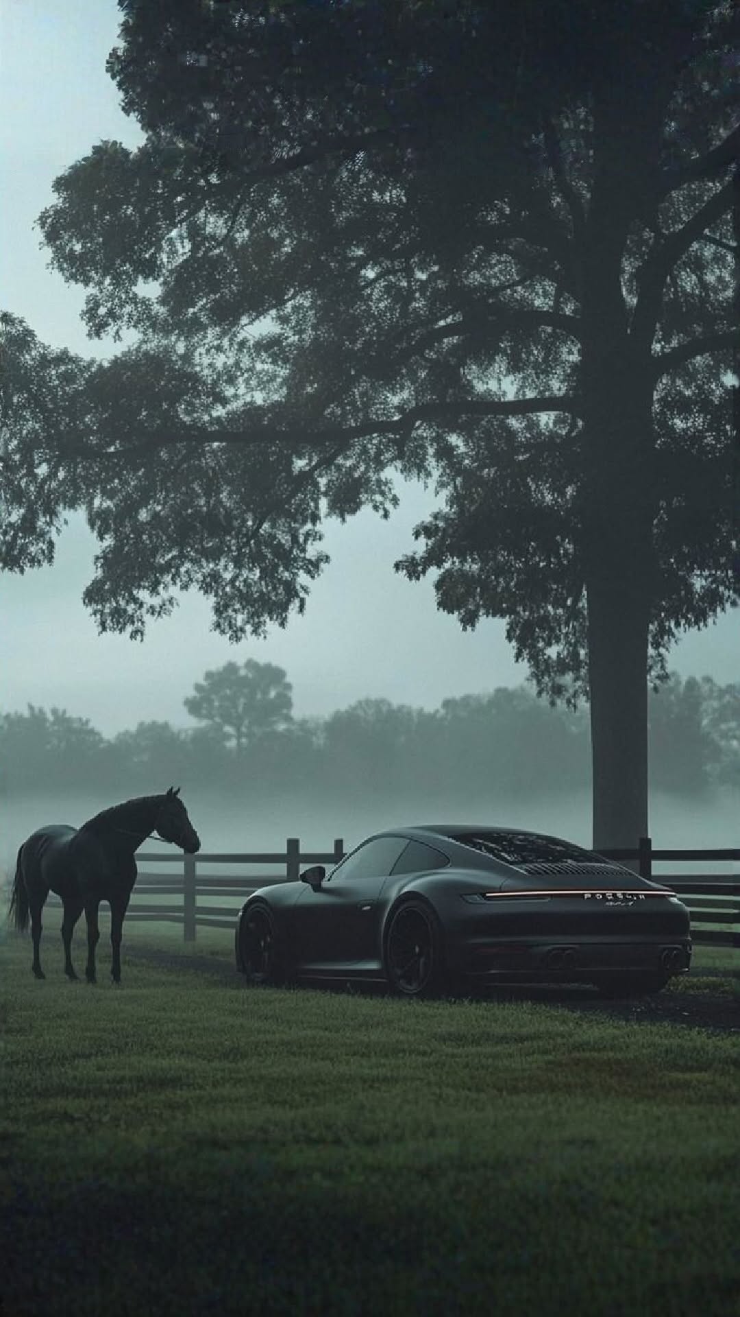a horse standing next to a car in front of a tree on a foggy day