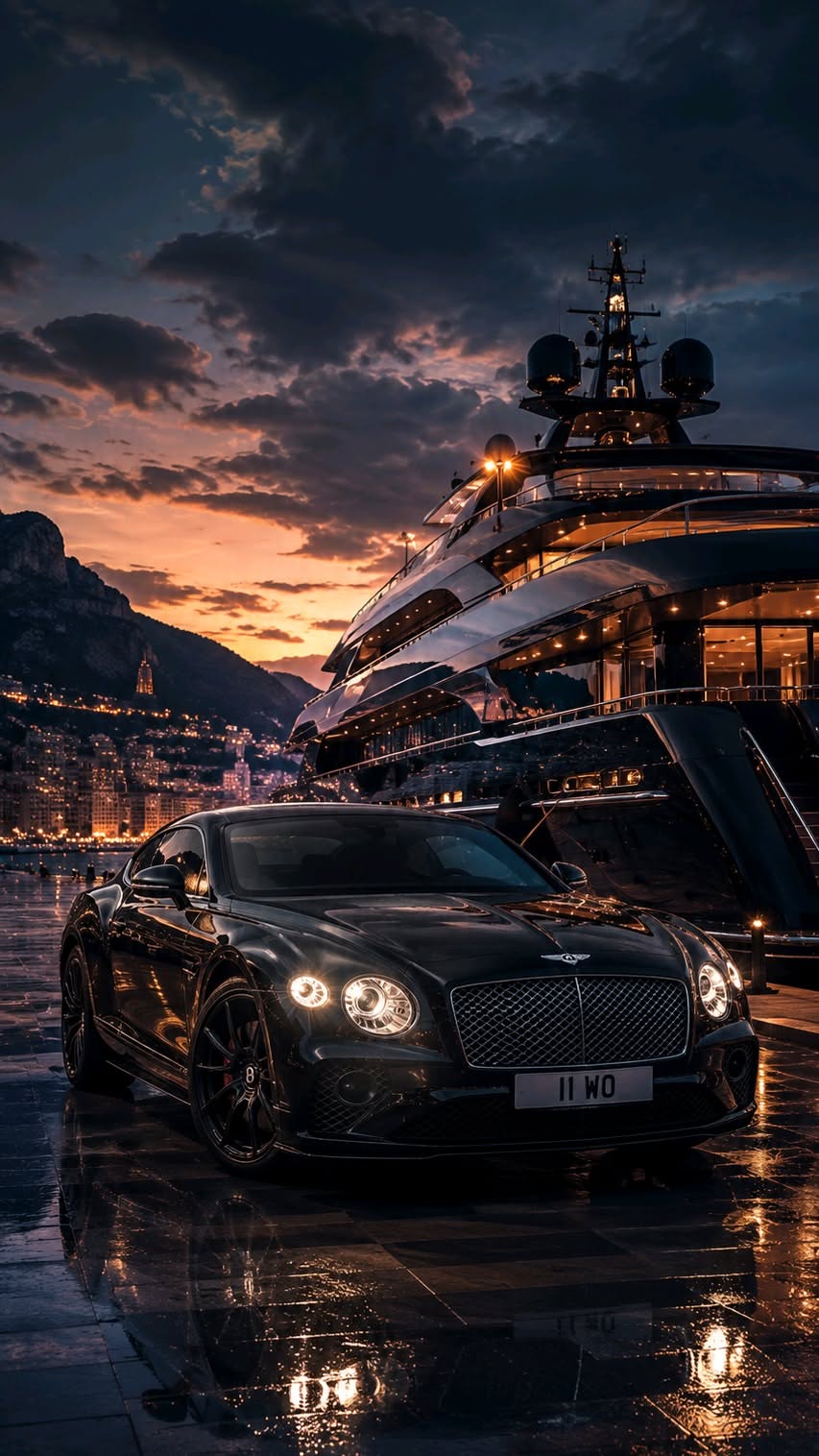 a luxury car parked in front of a cruise ship at night with its lights on